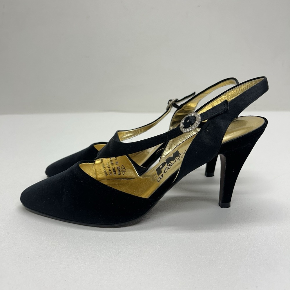 Vintage 90s PM Collection 925 Black Rhinestone Buckle Slingback Pumps Heels Sz 6 - Picture 3 of 13